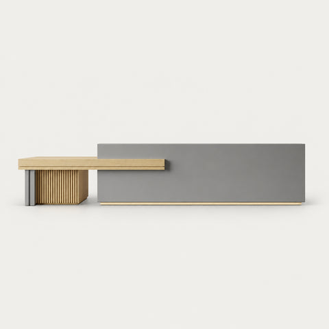 Retail Reception Desk 71-157 in Wide with LED Lighting & Lumbar Support for Retail - 138"L x 24"W x 39"H / Gray + Wood color