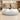 Glossy white barrel-shaped reception counter for two staff in a furnished office, front view