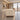 Cream rounded walnut-front illuminated reception counter full side view in the same furnished office