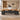 Front view of honey walnut and charcoal executive desk in furnished office