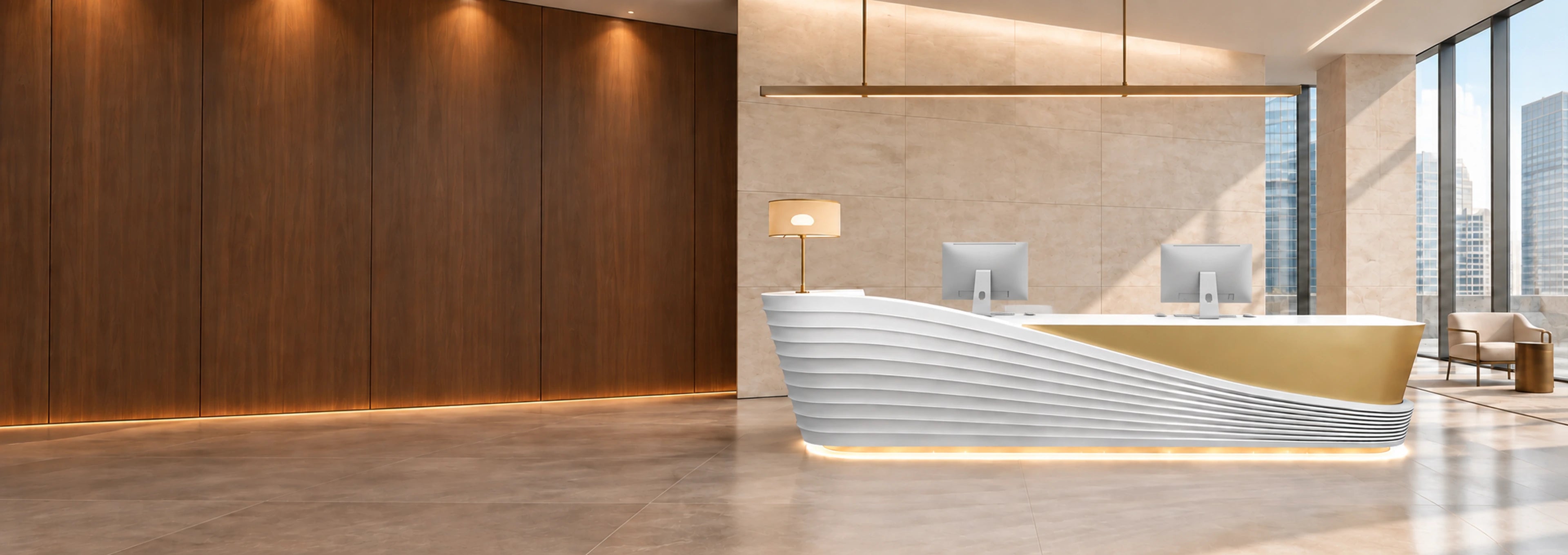 White wave reception desk in a modern American office lobby