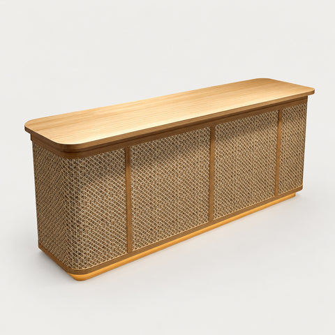 Round Reception Desk 47-118 in Wide with Keyboard Tray, Rattan & Solid Wood for Salon