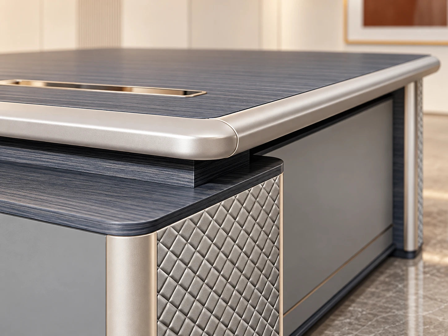 Close-up of a Lurpes desk surface and edge detailing