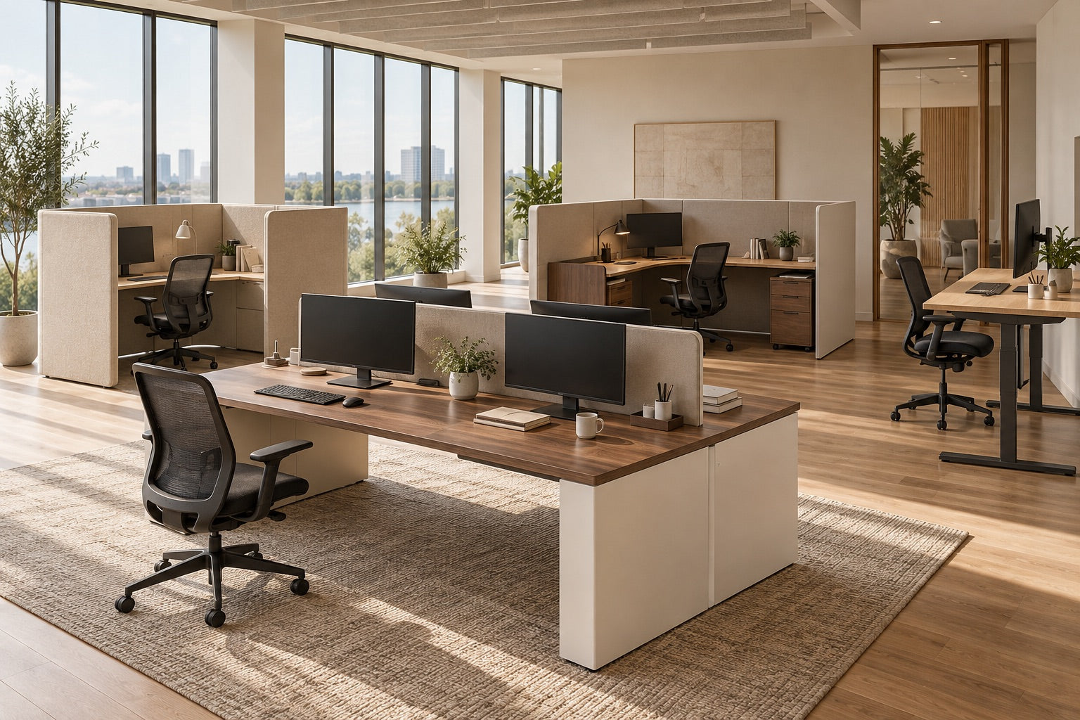 Office inspiration with walnut desks, privacy panels and mesh chairs