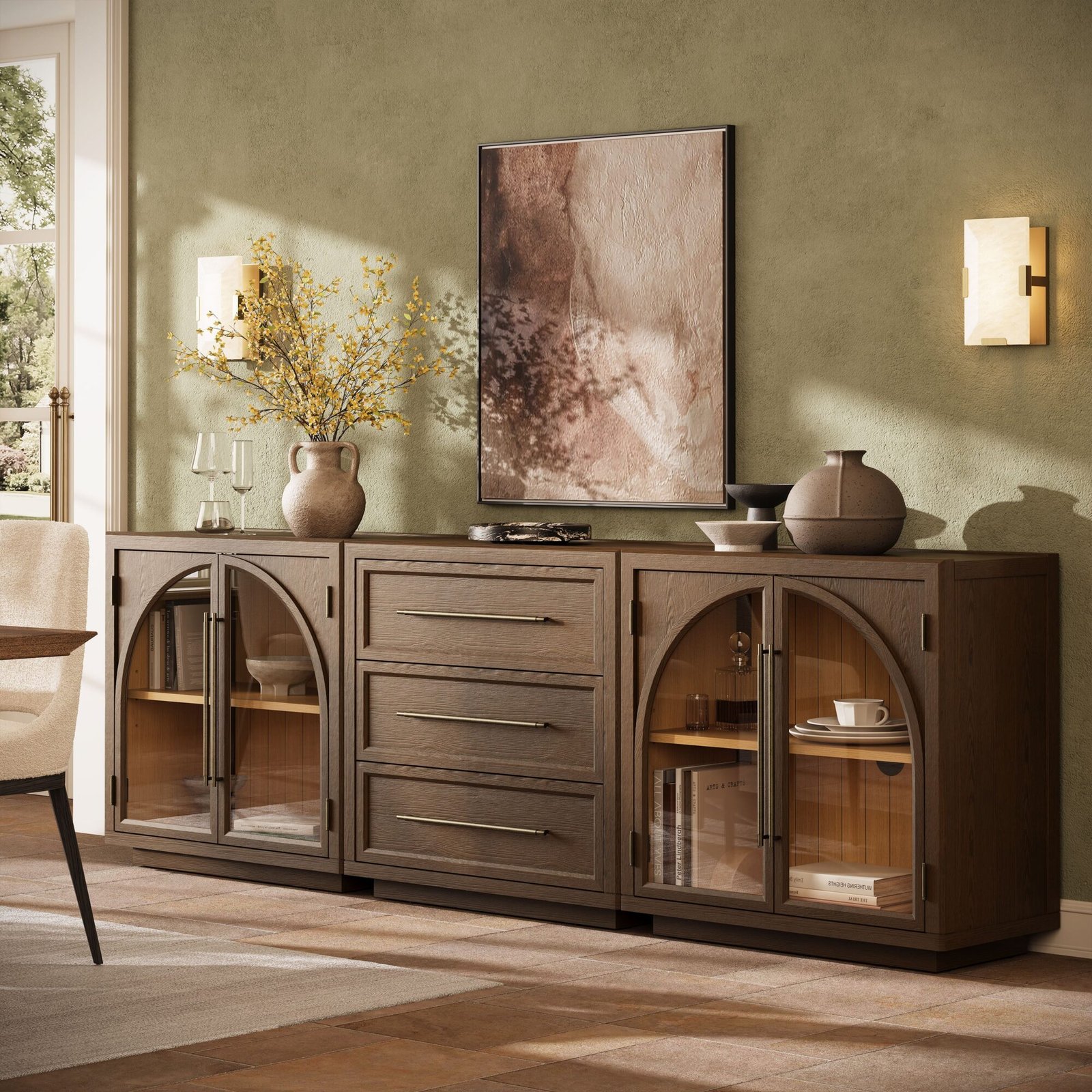 Alvar Arched 94.5″ Oak Modular Media Console(Set of 3)