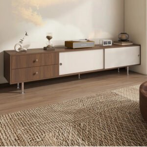 Mid-Century Modern Walnut & White TV Stand with Storage