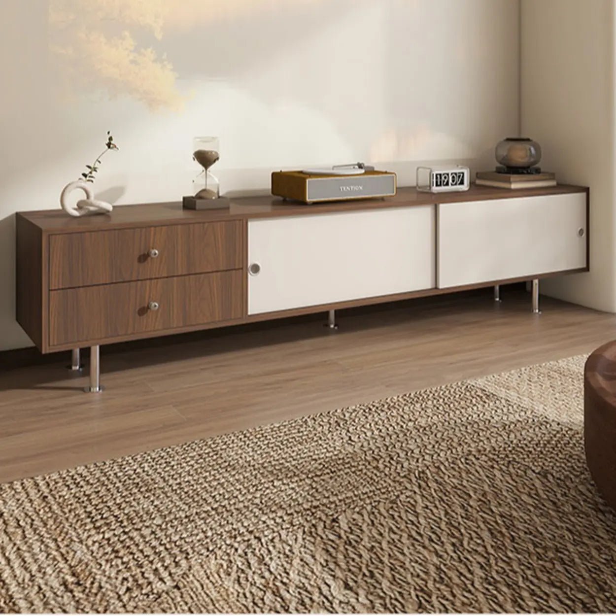 Mid-Century Modern Walnut & White TV Stand with Storage