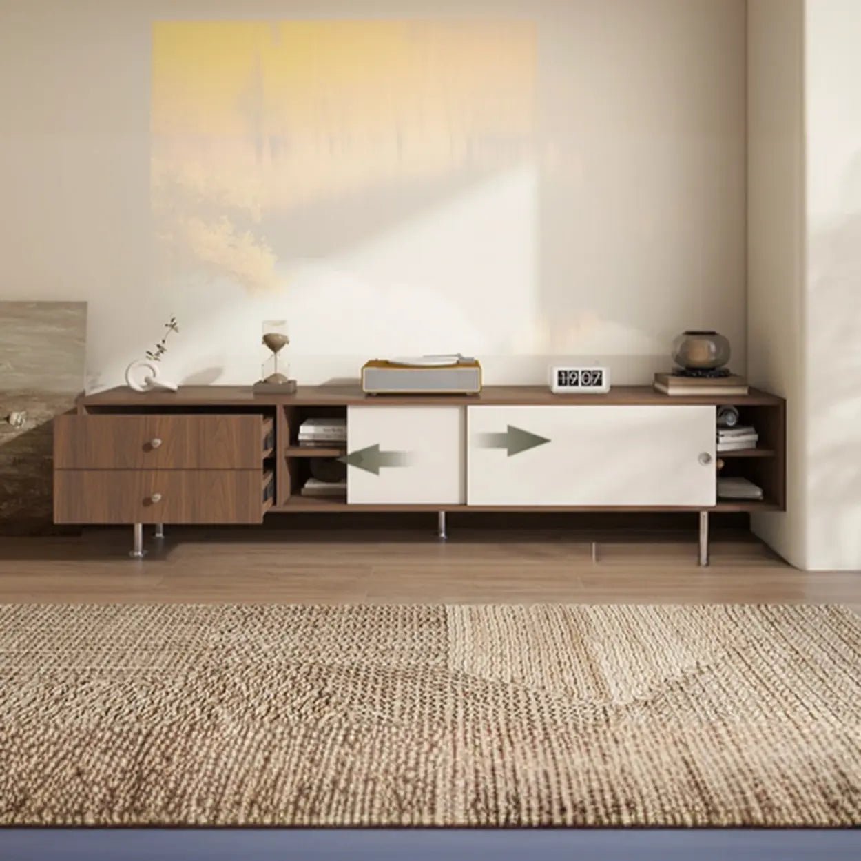 Mid-Century Modern Walnut & White TV Stand with Storage