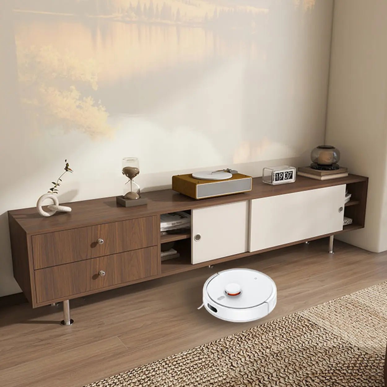 Mid-Century Modern Walnut & White TV Stand with Storage